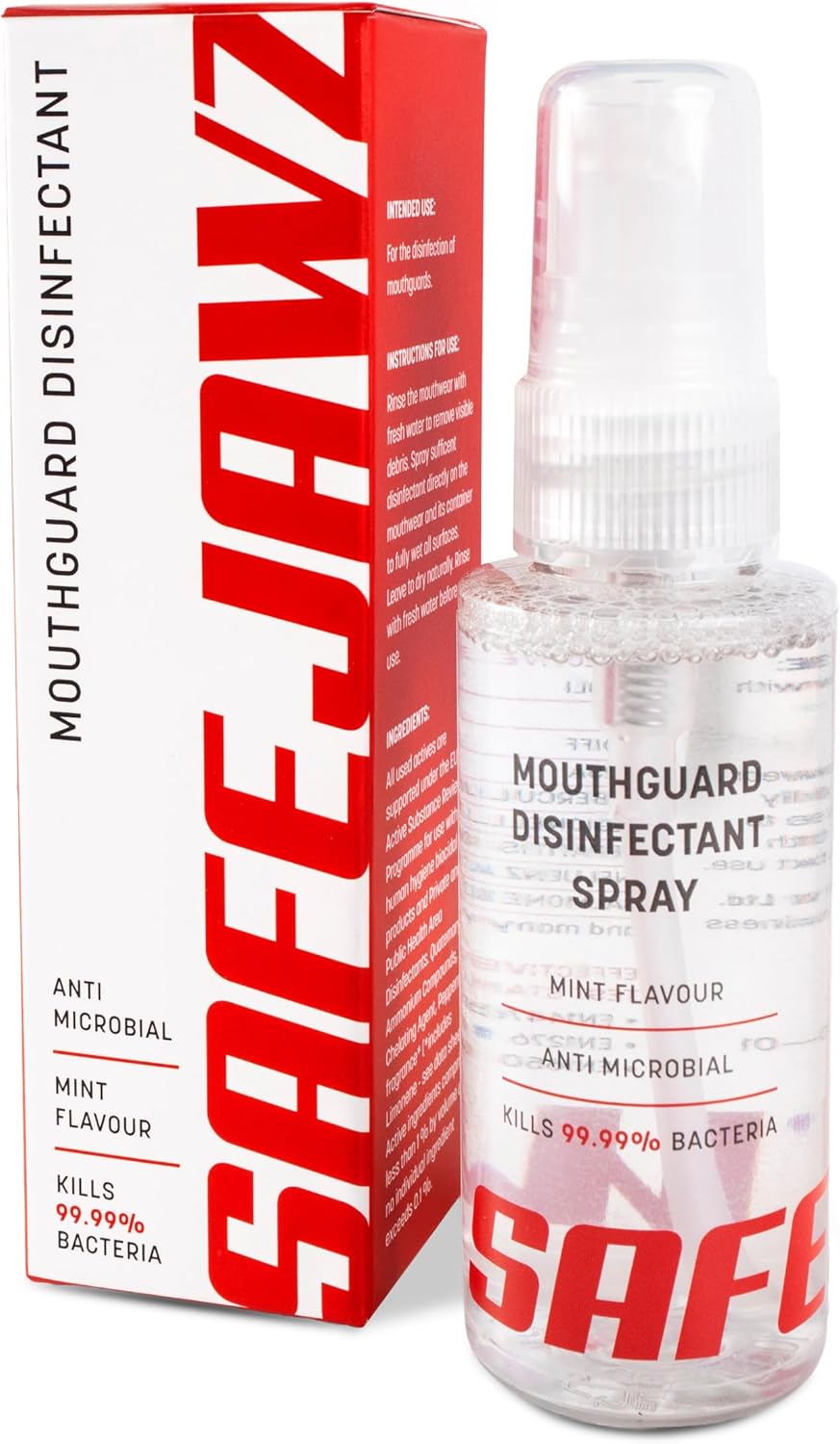SafeJawz Anti-Microbial Disinfectant Cleaner and Freshener Spray for All Sports Gum Shields, Mouth Pieces and Mouthguards - 50ml Bottle