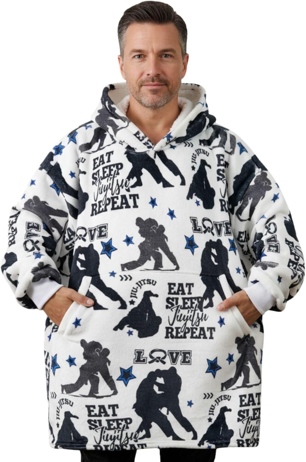 Jiu-Jitsu Gifts for Men, Jiu-jitsu Master, Instructor, Funny BJJ Gifts, Jiu-jitsu Wearable Flannel Blanket Hoodie, Oversized Hooded Blanket Sweatshirt, One Size Black - Eat Sleep Jiujitsu Repeat,