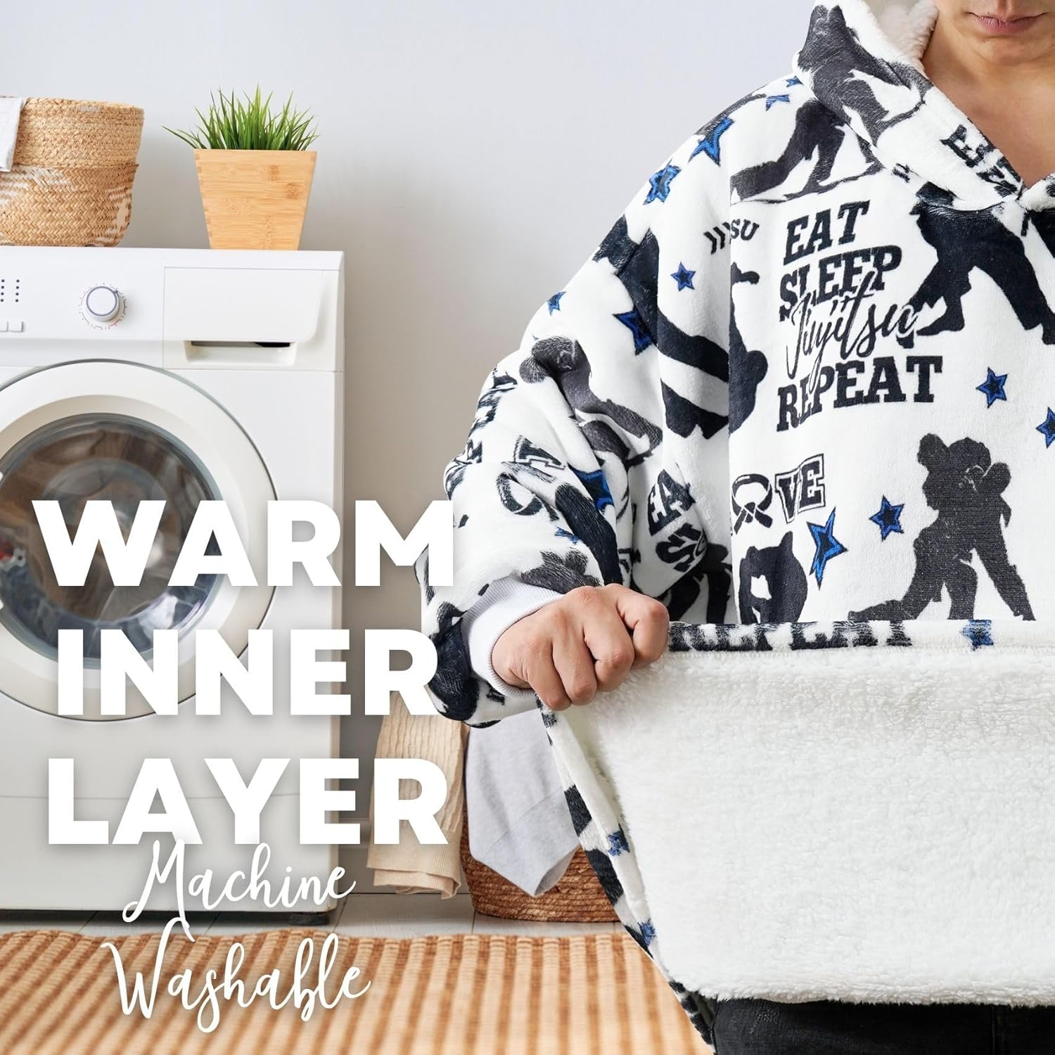 Jiu-Jitsu Gifts for Men, Jiu-jitsu Master, Instructor, Funny BJJ Gifts, Jiu-jitsu Wearable Flannel Blanket Hoodie, Oversized Hooded Blanket Sweatshirt, One Size Black - Eat Sleep Jiujitsu Repeat,