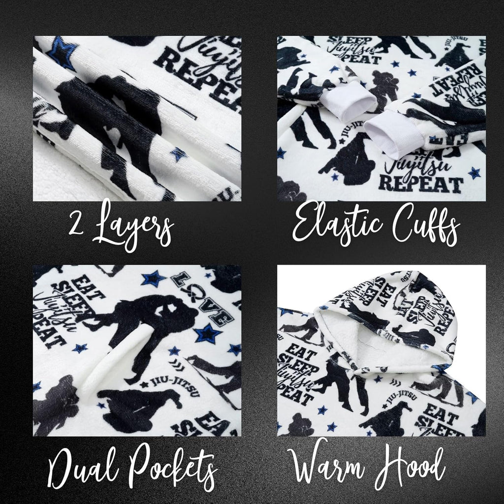 Jiu-Jitsu Gifts for Men, Jiu-jitsu Master, Instructor, Funny BJJ Gifts, Jiu-jitsu Wearable Flannel Blanket Hoodie, Oversized Hooded Blanket Sweatshirt, One Size Black - Eat Sleep Jiujitsu Repeat,