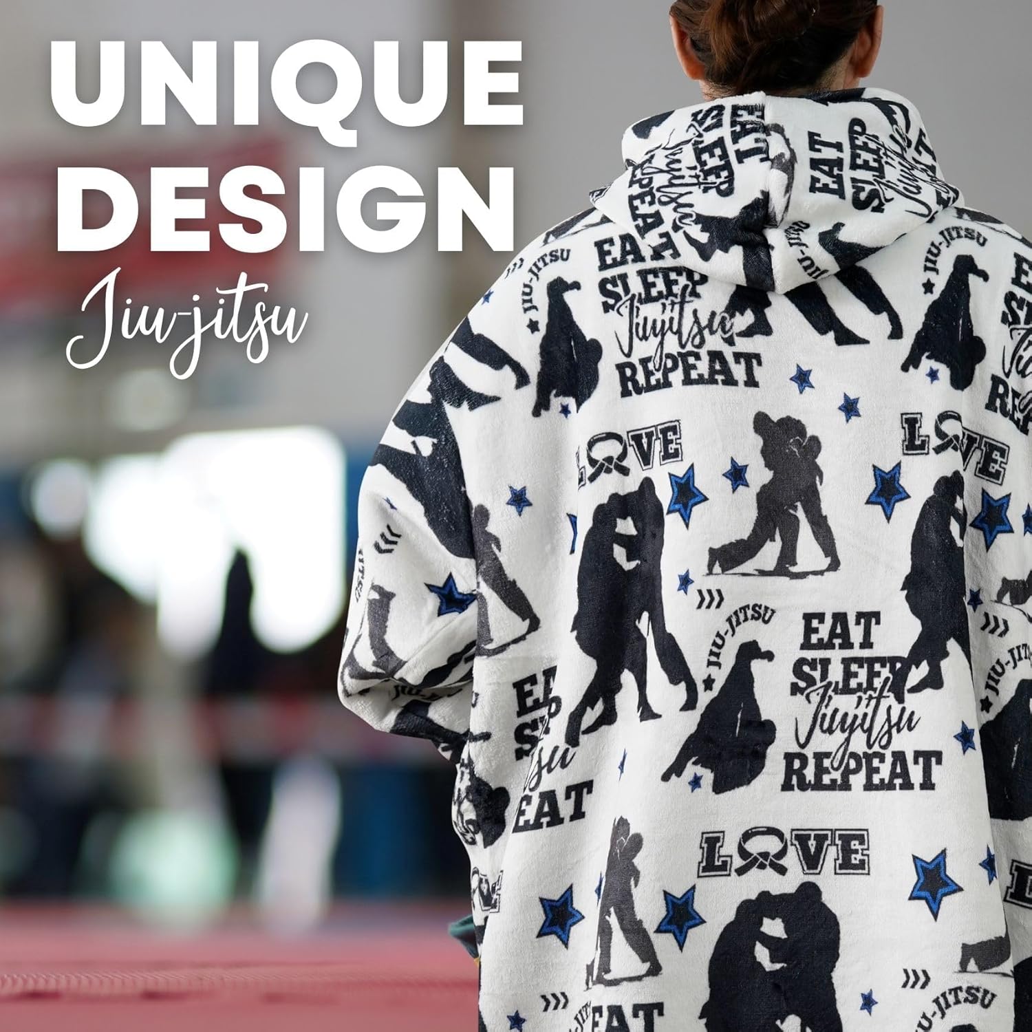 Jiu-Jitsu Gifts for Men, Jiu-jitsu Master, Instructor, Funny BJJ Gifts, Jiu-jitsu Wearable Flannel Blanket Hoodie, Oversized Hooded Blanket Sweatshirt, One Size Black - Eat Sleep Jiujitsu Repeat,