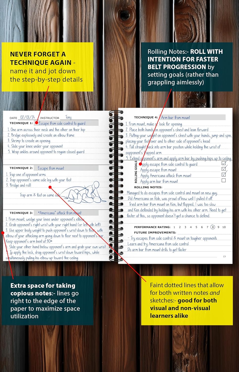 Jiu-Jitsu Training Journal - Brazilian Jiu-Jitsu Gift for BJJ Fanatics. A5 Spiral Bound Notebook to Log Techniques & Rolling Notes